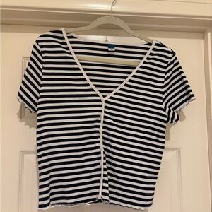 Old Navy Navy & White Striped Cropped Button-Front Top